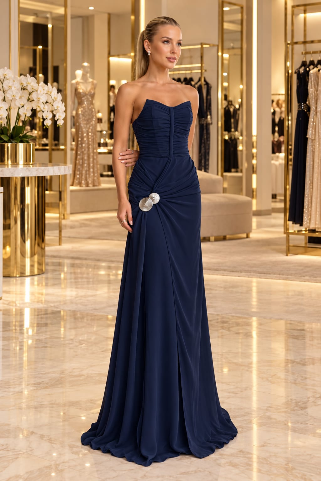 Vestido Longo Crepe Tomara Que Caia Marinho Drapeado