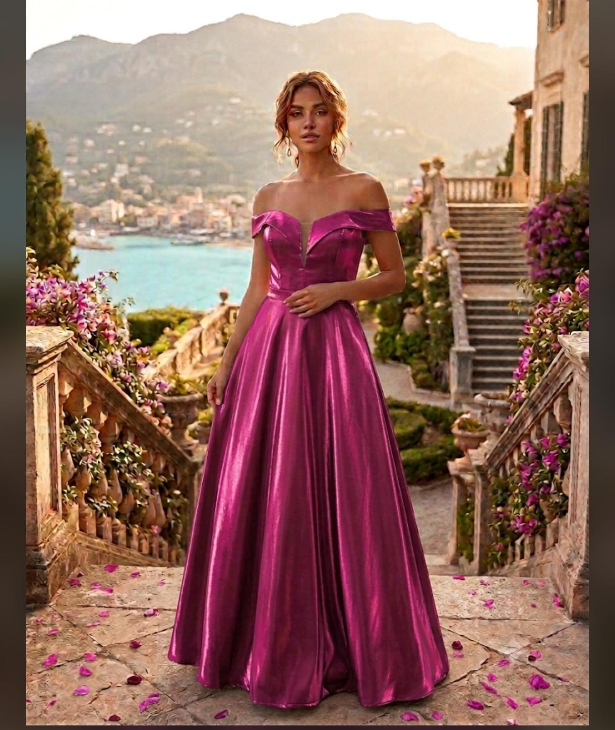 Vestido Longo em Zibeline Rosa Fúcsia Decote V