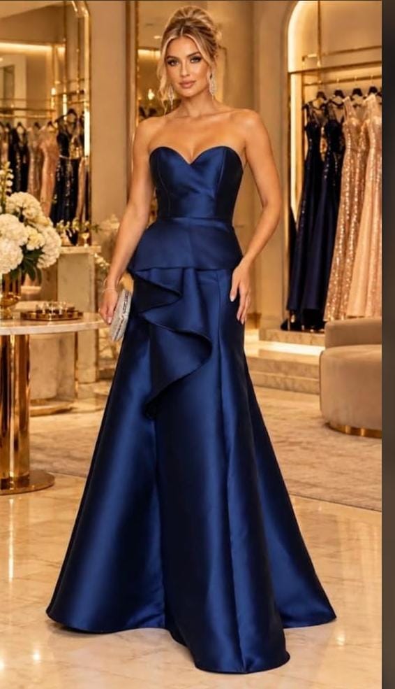Vestido Longo Zibeline Tomara que Caia Azul Marinho com Babado