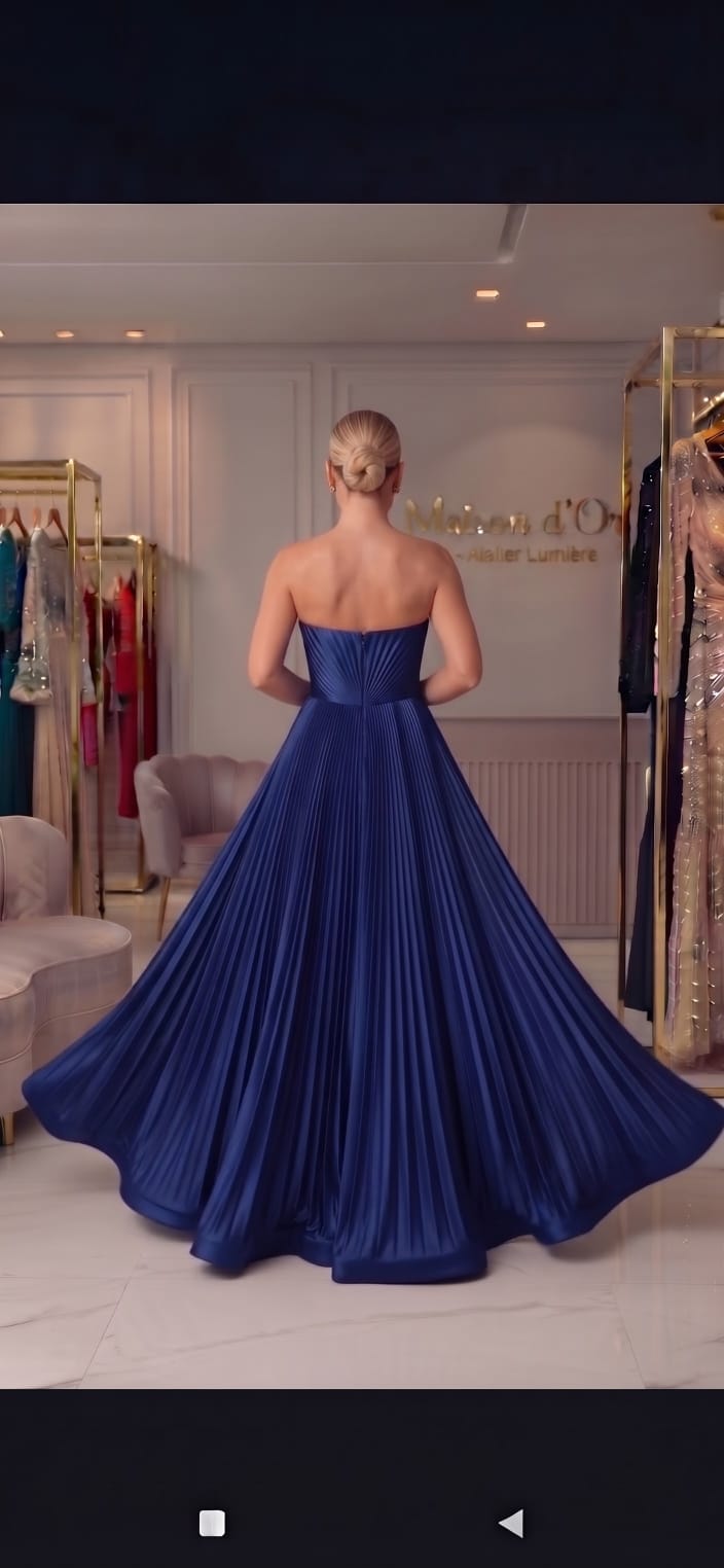 Vestido Longo Crepe de Seda Tomara que Caia Plissado Azul Royal