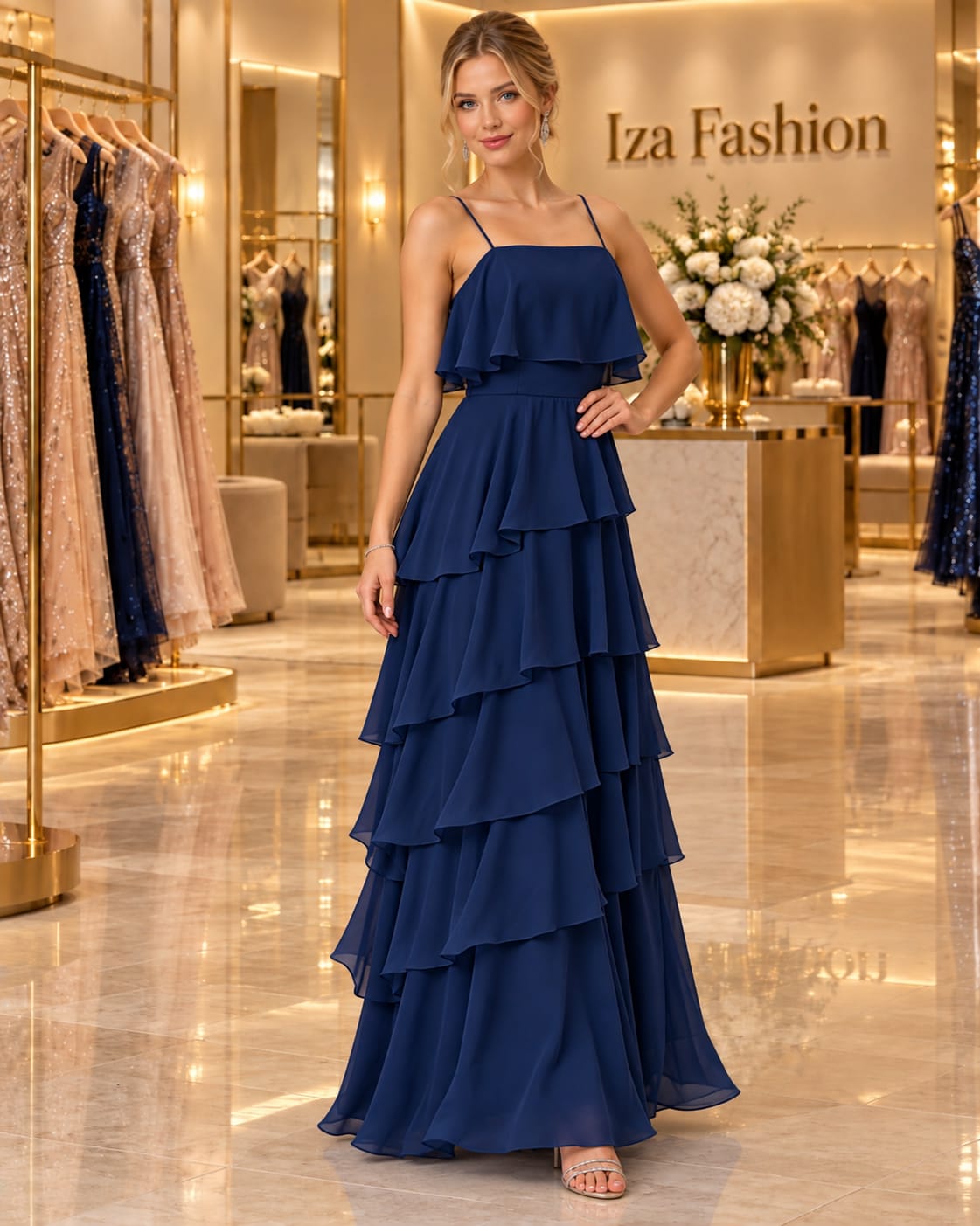 Vestido Longo Azul Marinho Chiffon em Babados Cascata com Alça Fina