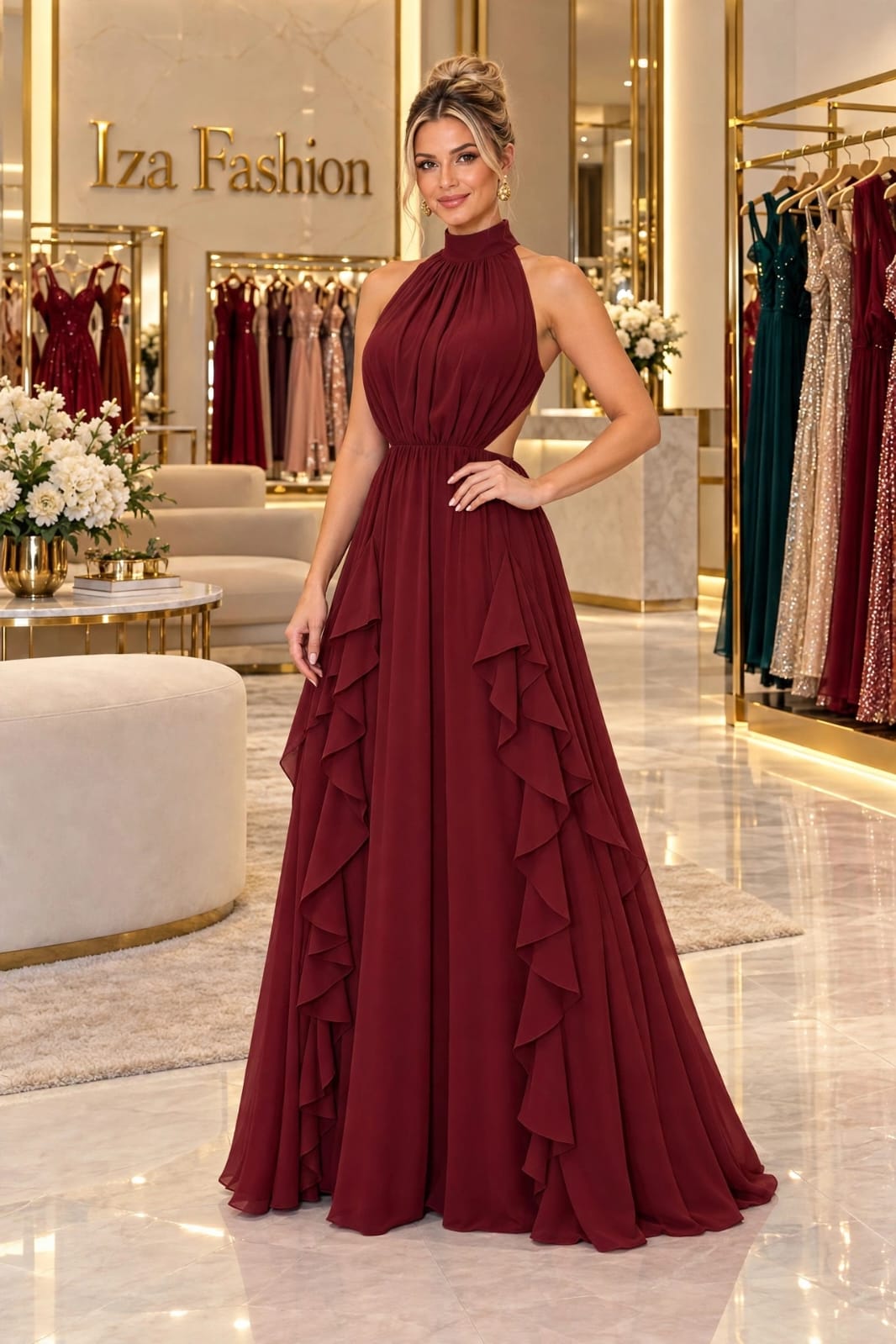 Vestido Longo Marsala Frente Única com Babados Vazado na Cintura