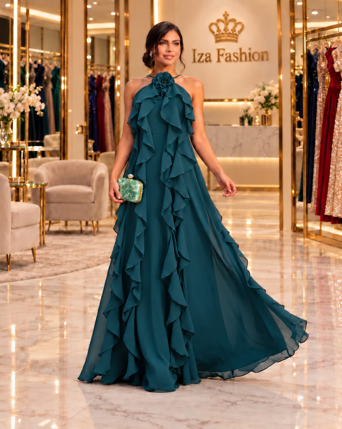 Vestido Longo Verde Esmeralda/Petróleo Frente Única com Flor e Babado