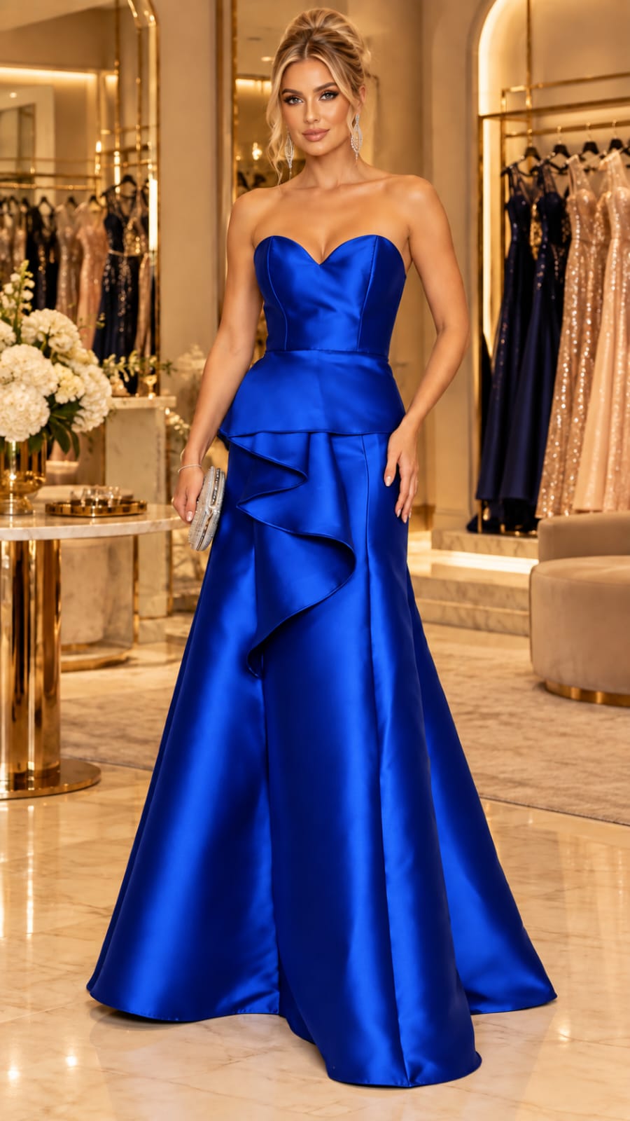 Vestido Longo Zibeline Tomara que Caia Azul Royal com Babado