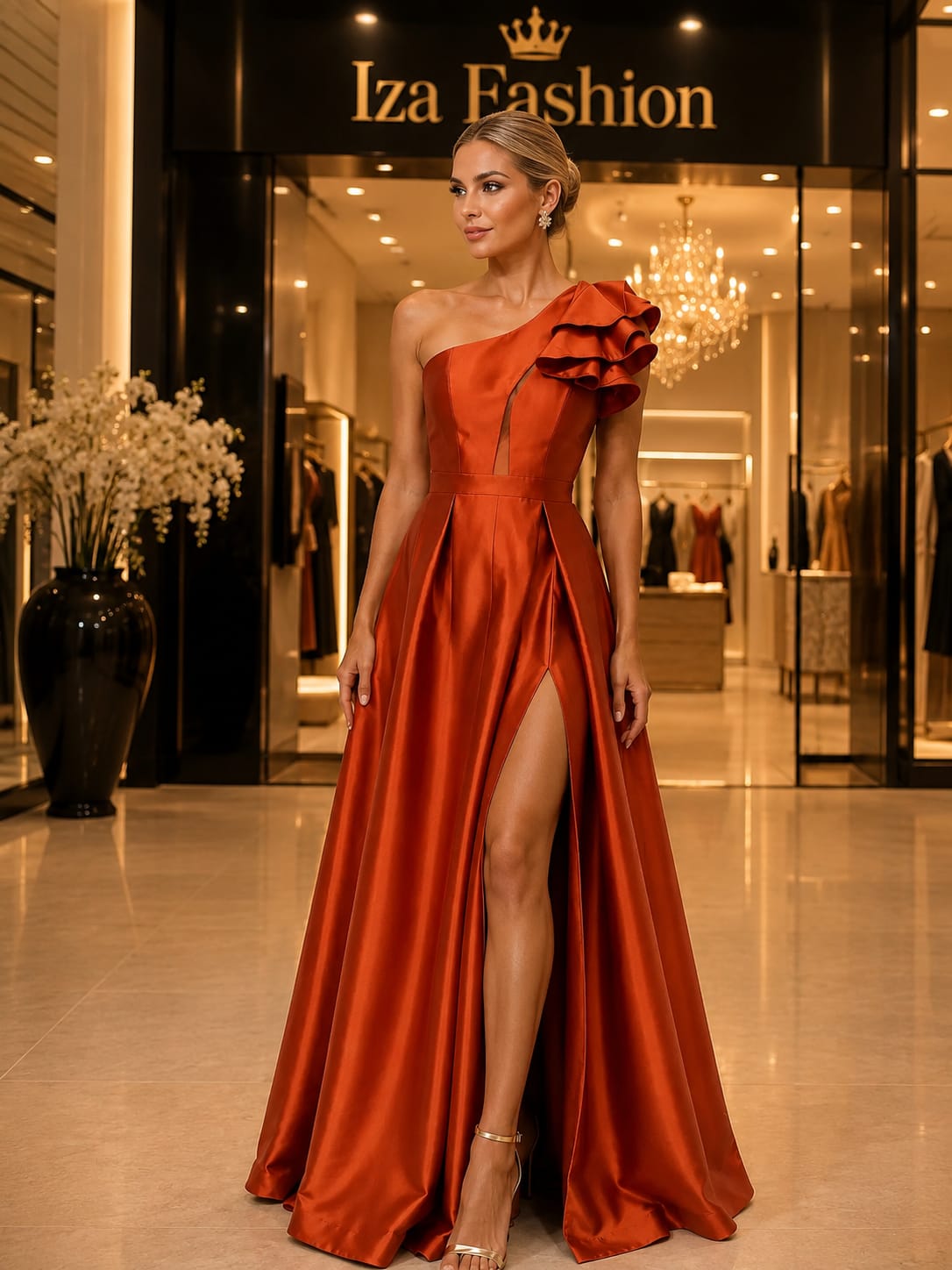 Vestido Longo Zibeline Terracota Um Ombro Só com Babado