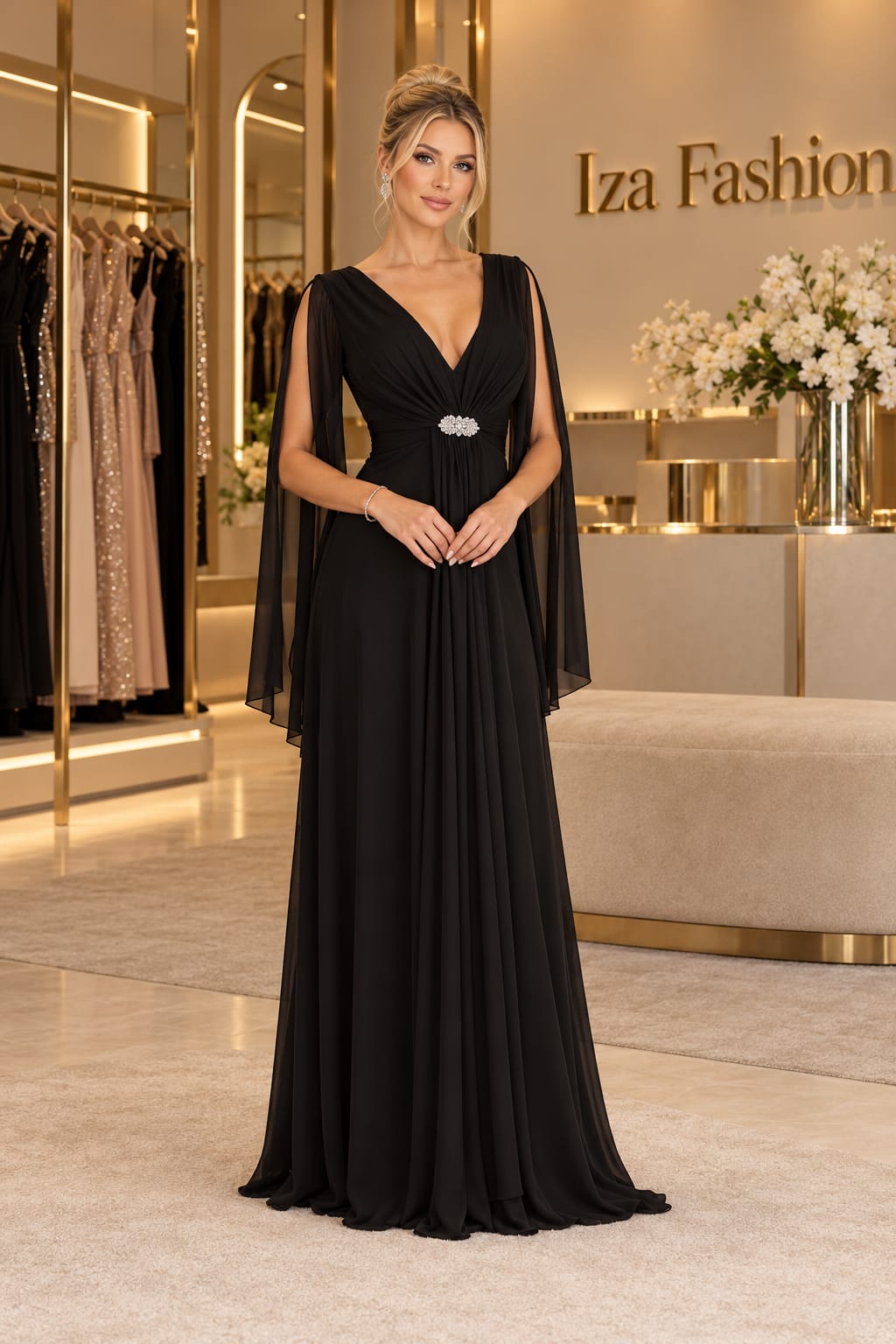 Vestido Longo Preto Deusa com Decote V, Capa Fluida Broche de Strass