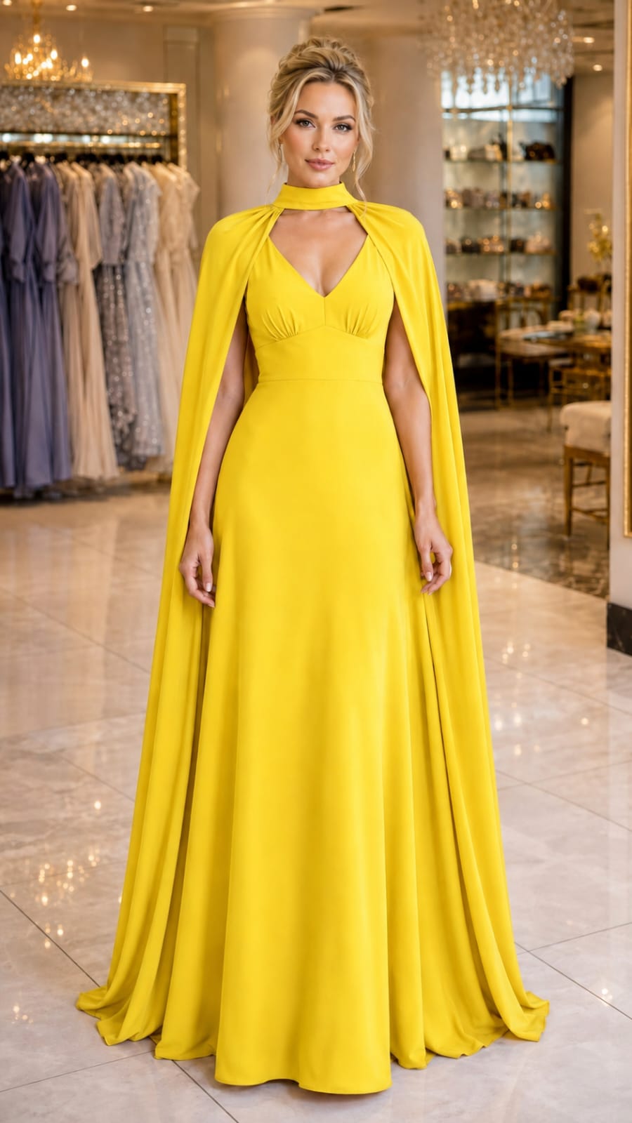 Vestido Longo Amarelo em Chiffon com Capa