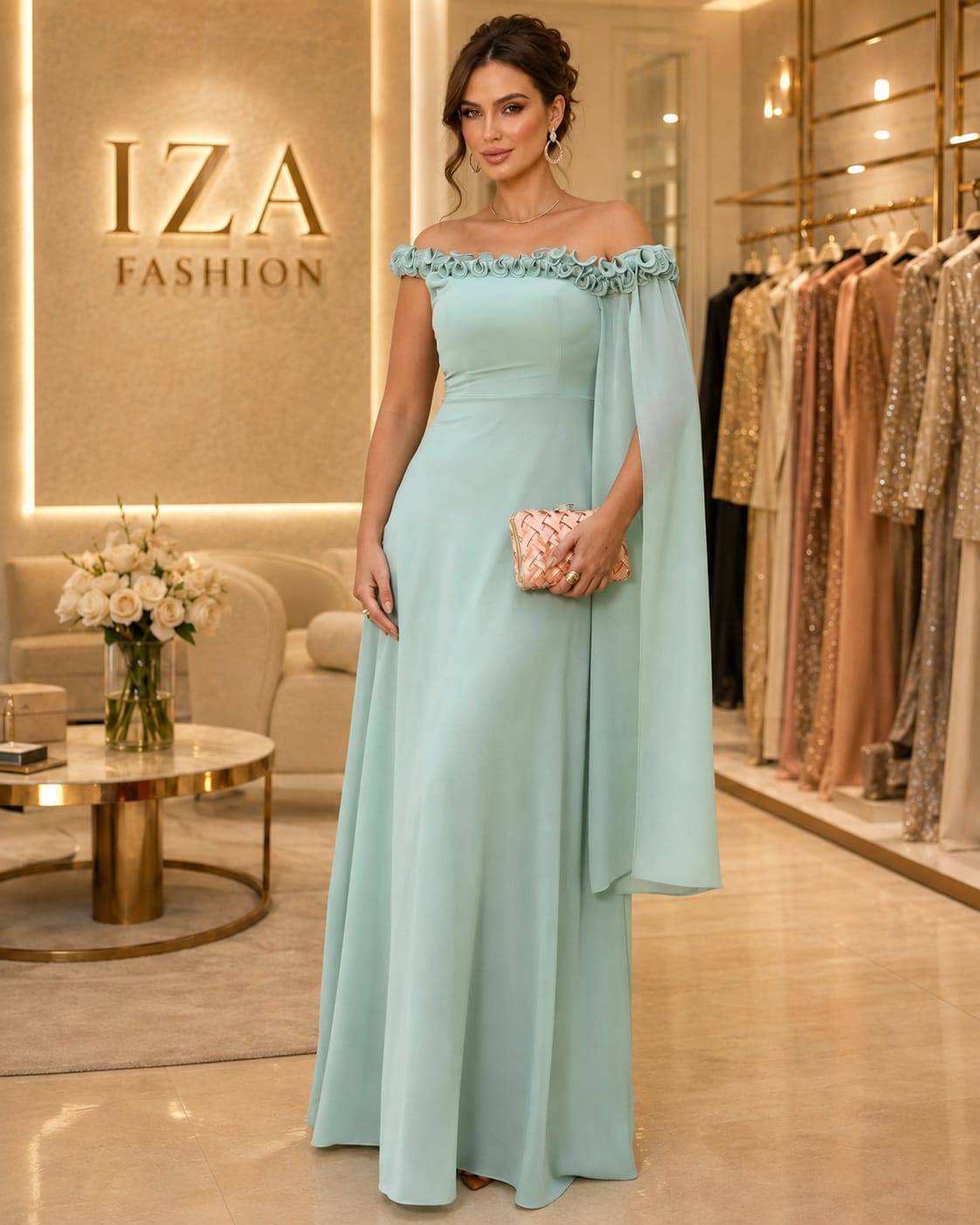 Vestido Verde Menta Ombro a Ombro com Aplicação de Flores em Chiffon– Elegância Romântica