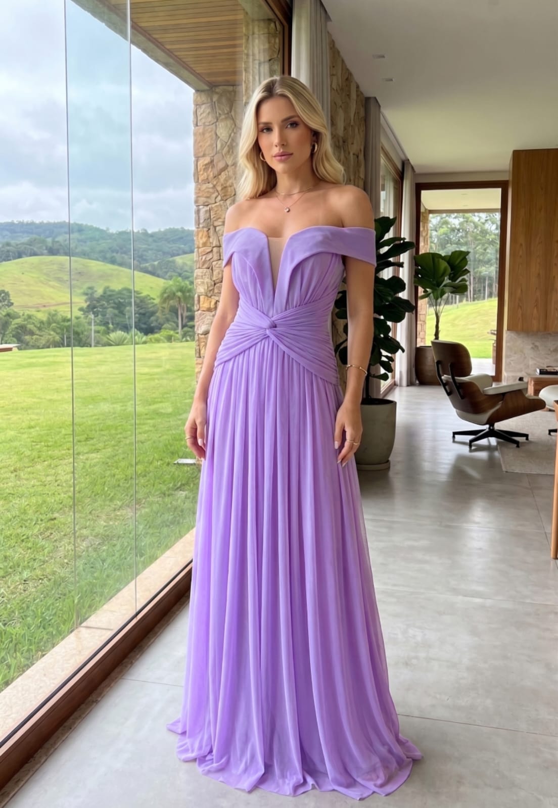 Vestido Longo Lavanda Lilás Off Shoulder Coração com Drapeado Torcido