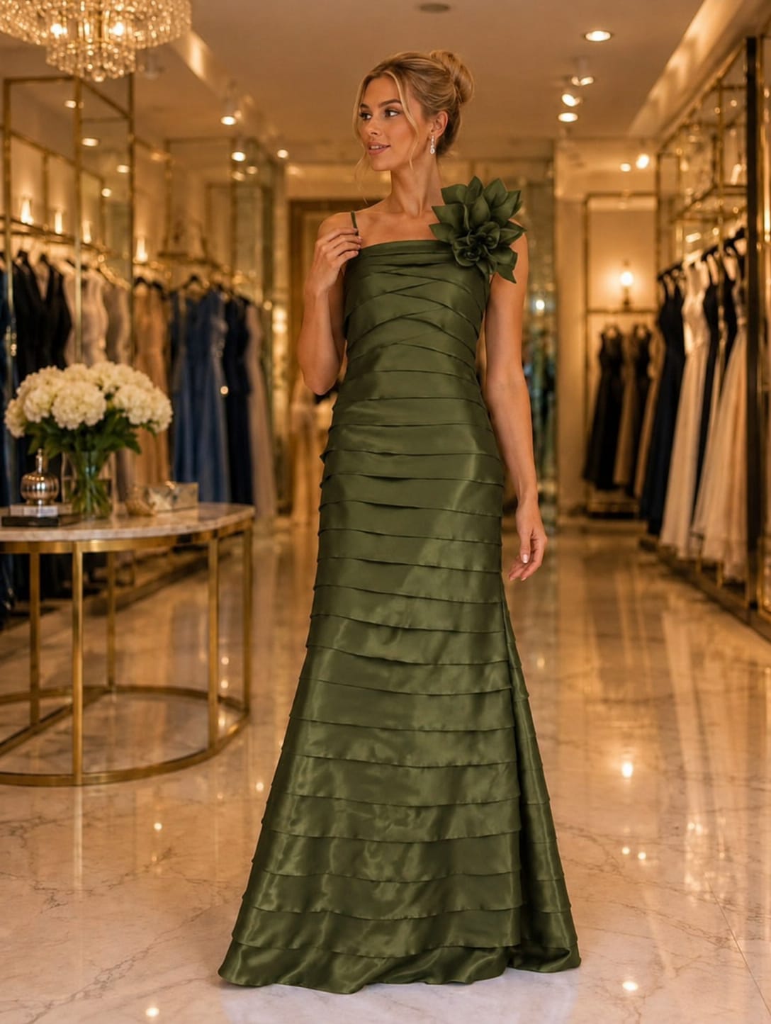 Vestido Zibeline Em Camadas Verde Oliva