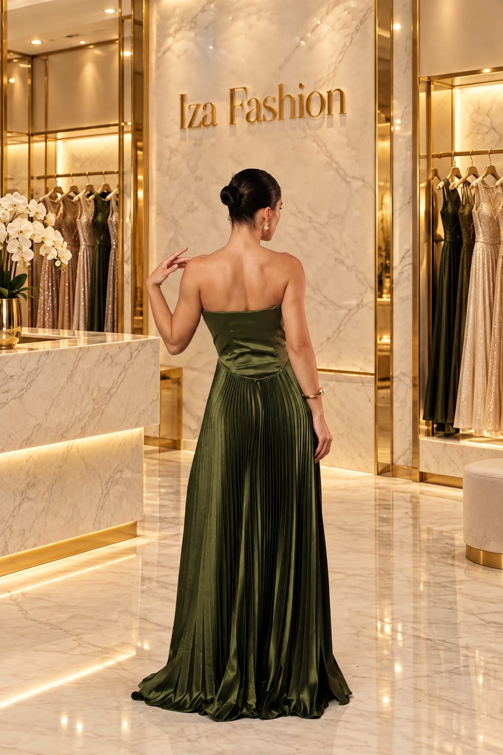 Vestido Longo Crepe de Seda Tomara que Caia Plissado Verde Oliva