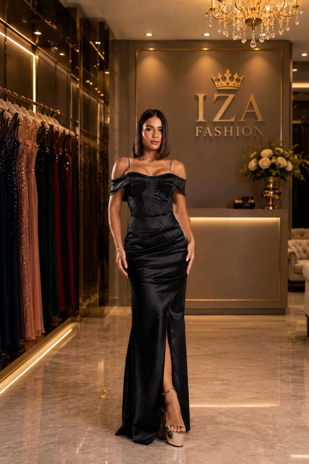 Vestido Longo Preto Acetinado Ombro a Ombro e Fenda