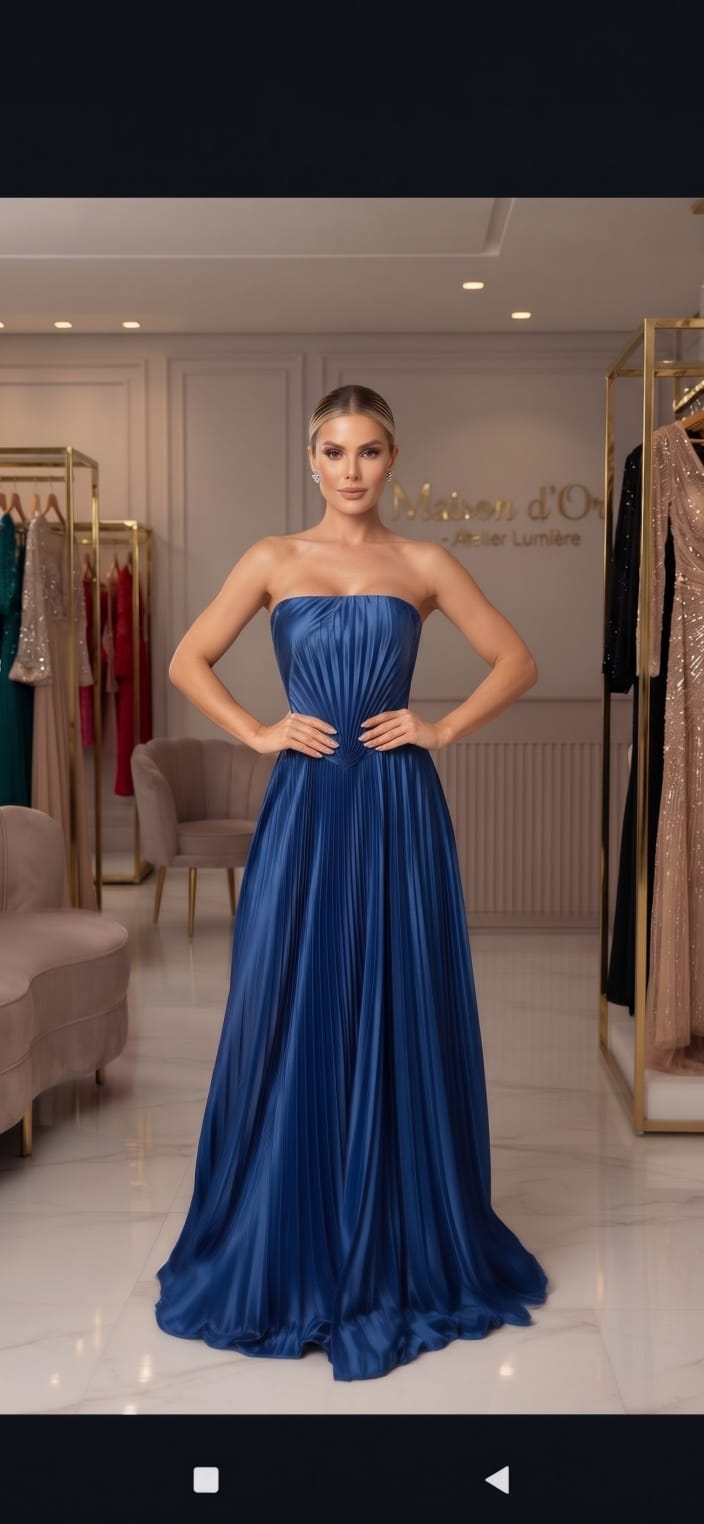 Vestido Longo Crepe de Seda Tomara que Caia Plissado Azul Royal