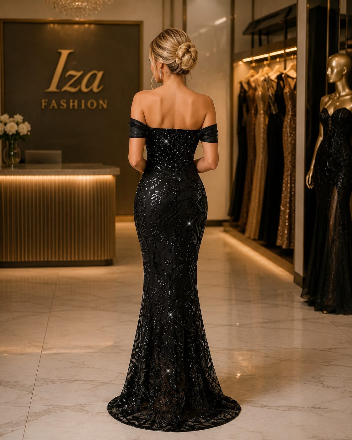 Vestido Longo Preto Sereia com Renda e Paetês