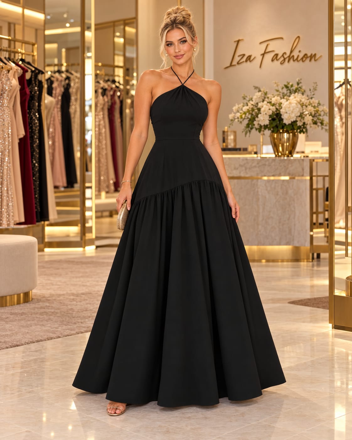 Vestido Longo Preto Frente Única Halter com Saia Princesa