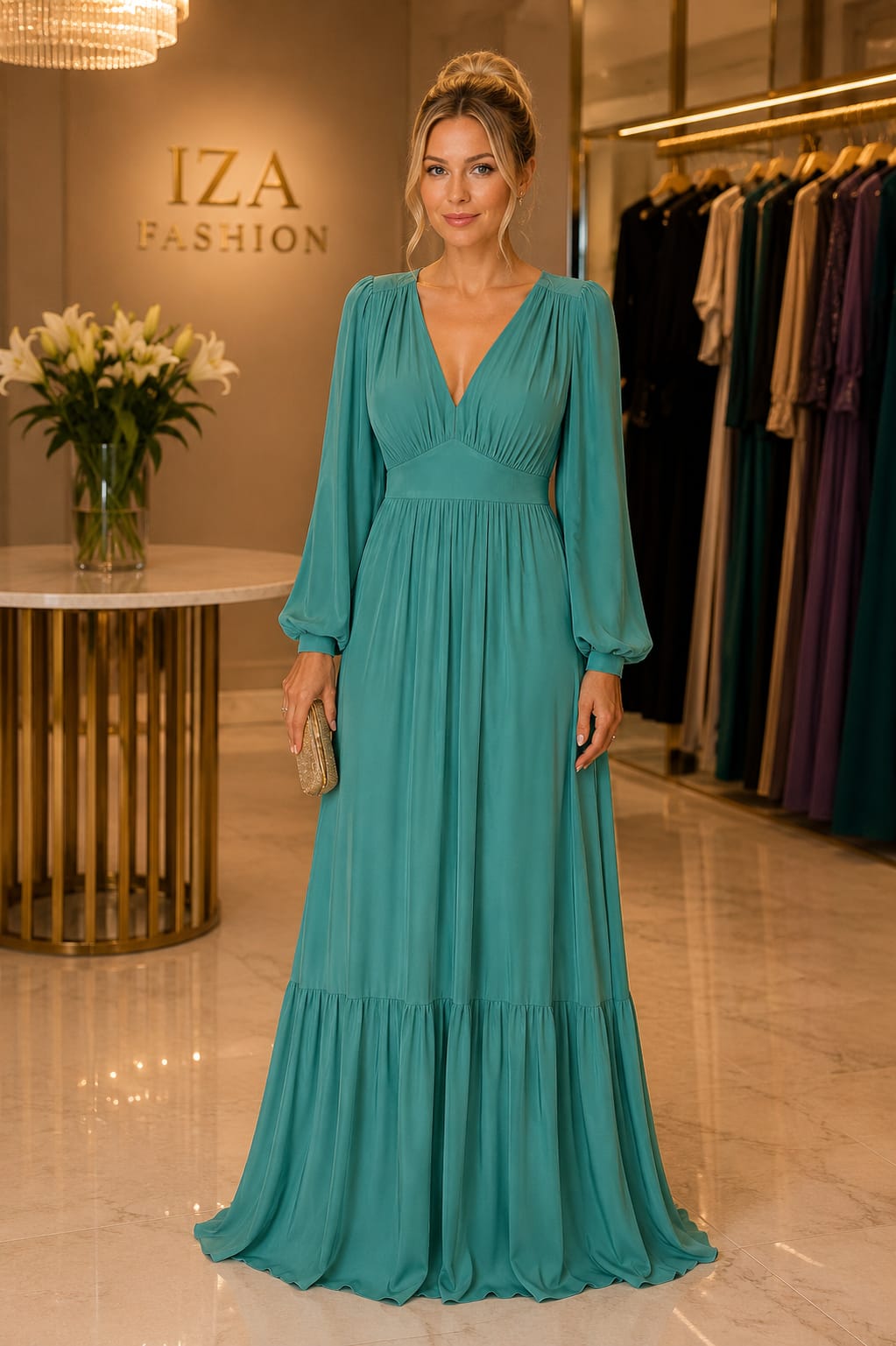 Vestido Longo em Tule Manga Longa Esmeralda
