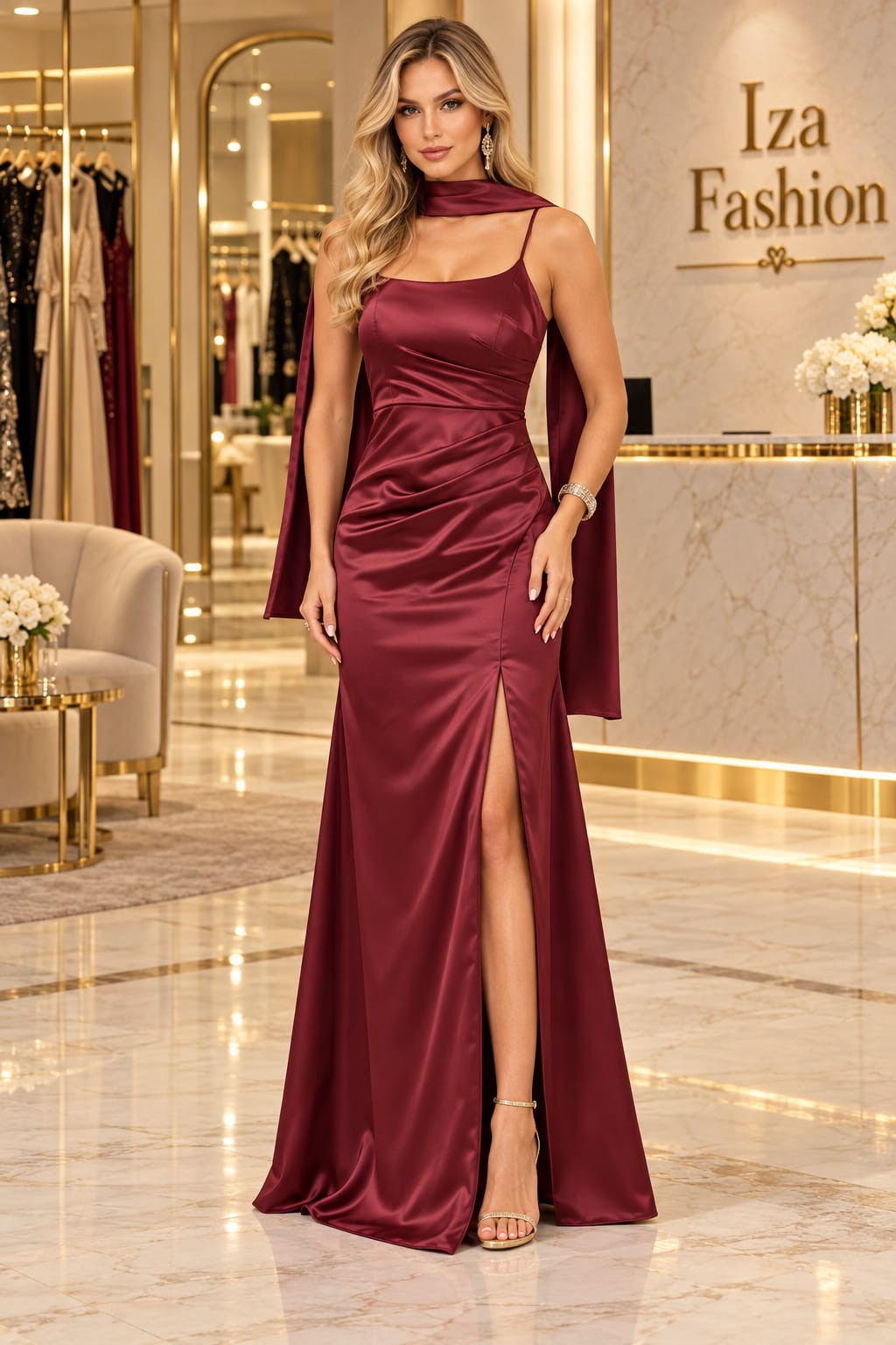 Vestido Longo Cetim Com Capa Marsala