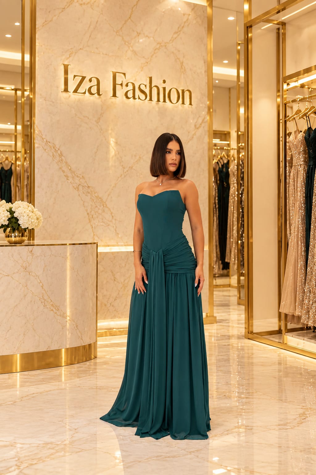 Vestido Longo Verde Esmeralda/Petróleo Tomara que Caia Drapeado