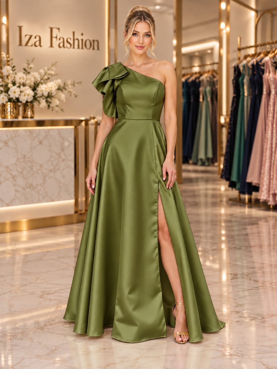 Vestido Longo em Zibeline um Ombro Só com Babado Verde Oliva