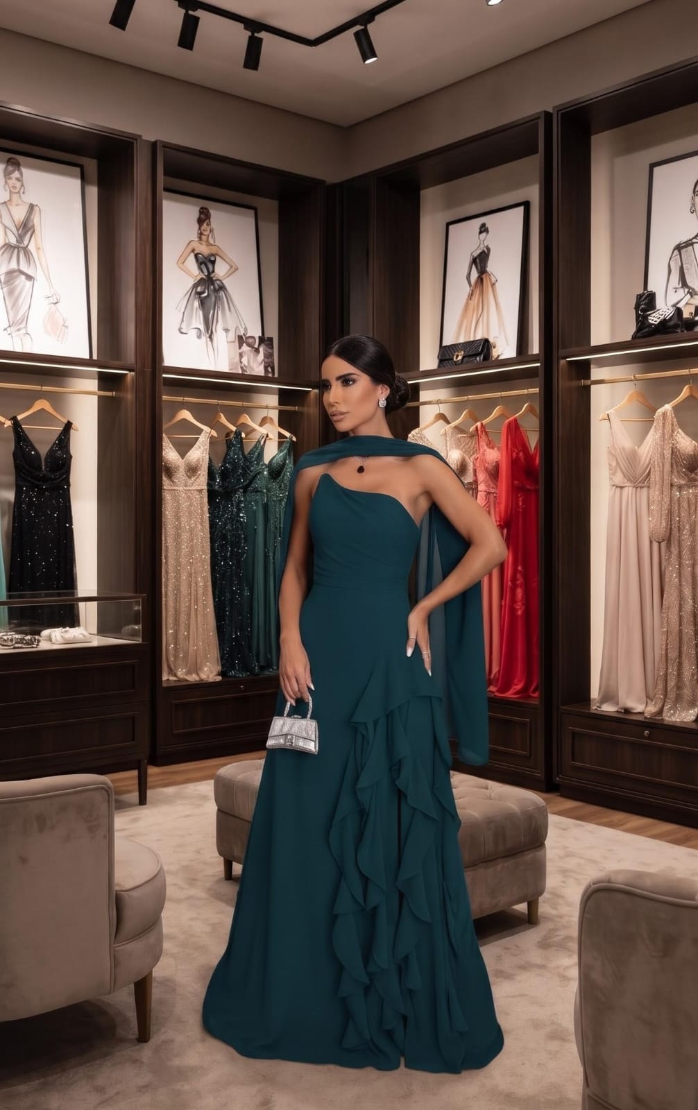 Vestido Longo em Chiffon Verde Esmeralda/Petróleo um Ombro Só Babados