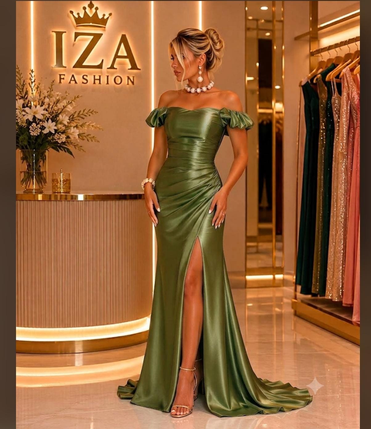 Vestido Longo Prada Verde Oliva Ombro a Ombro Bufante