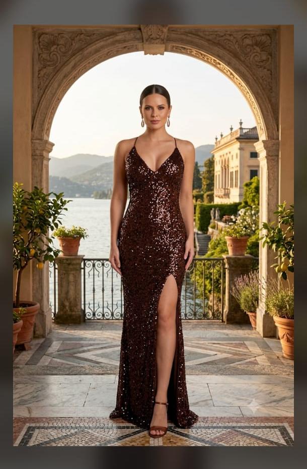 Vestido Longo em Paetê Marrom