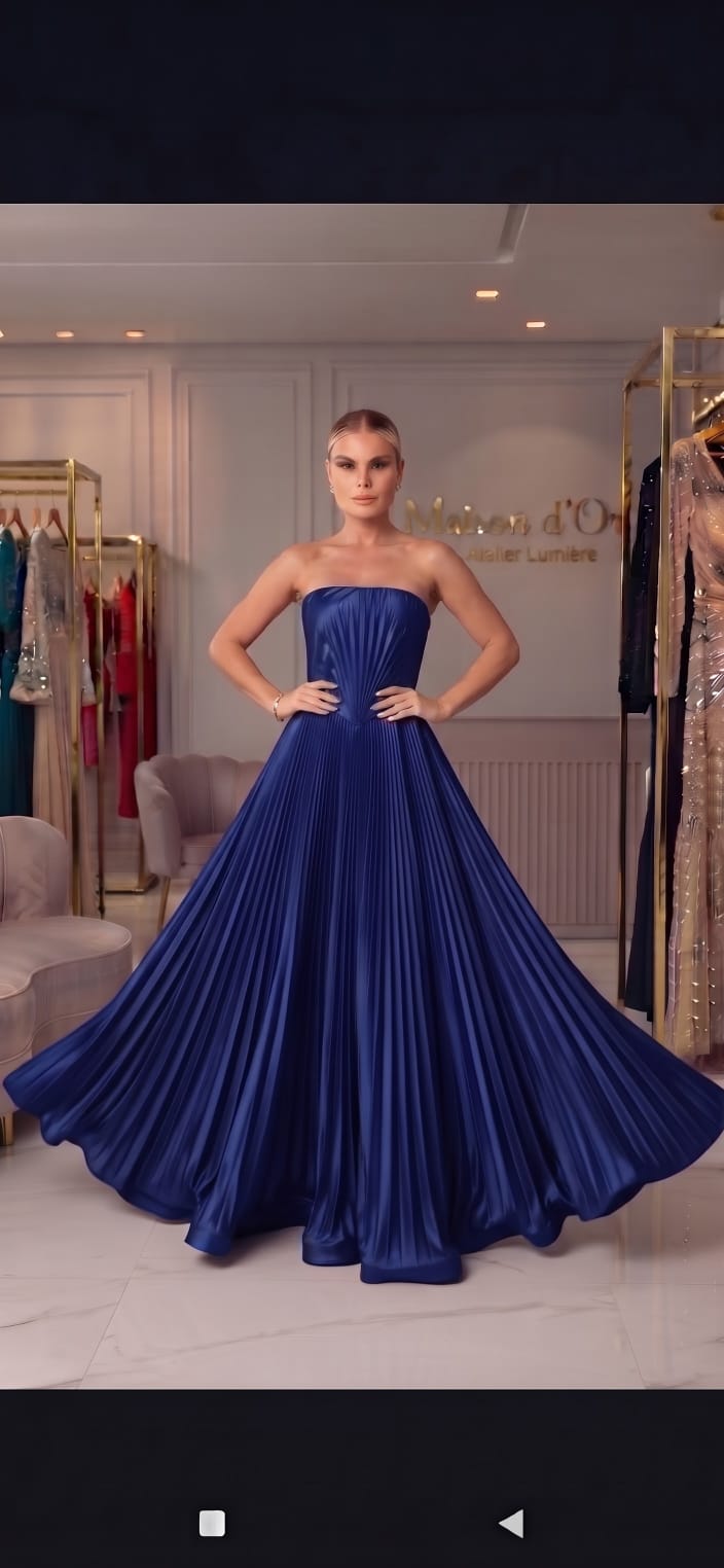 Vestido Longo Crepe de Seda Tomara que Caia Plissado Azul Royal