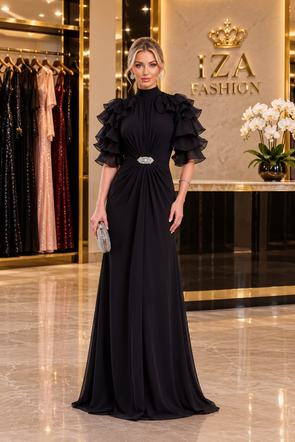 Vestido Longo Preto Chiffon com Babados