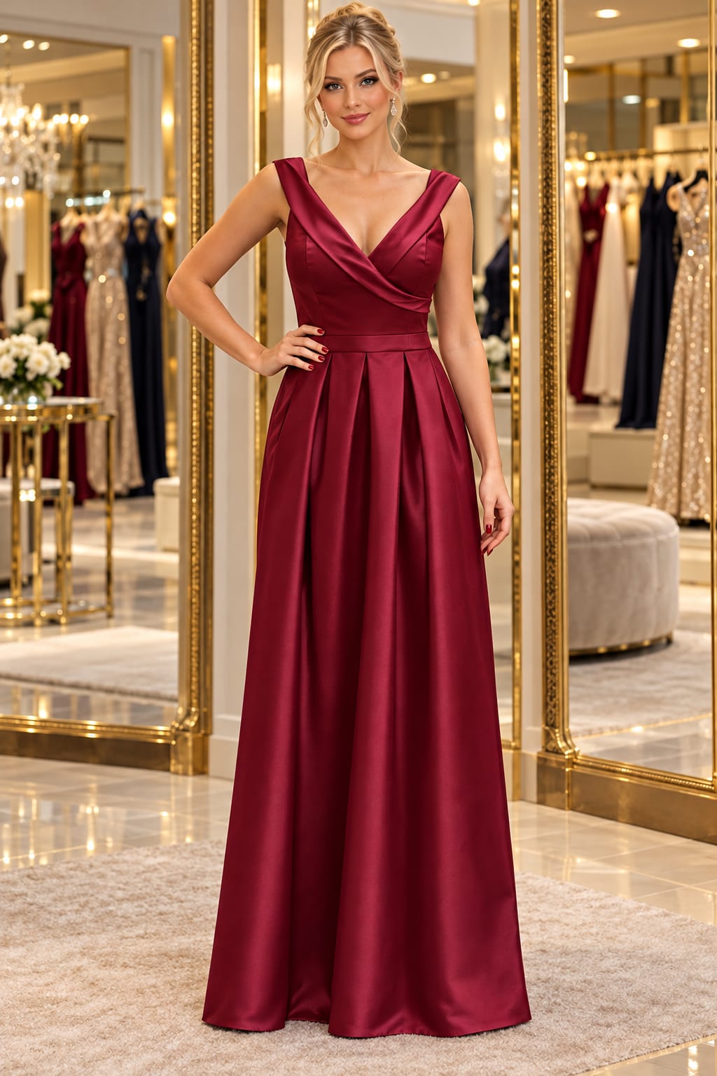 Vestido Longo Marsala Cetim Duchese Transpassado com Decote V e Saia Plissada Princesa