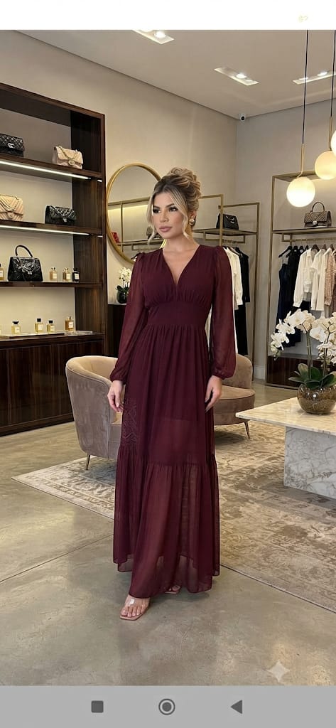 Vestido Longo em Tule Manga Longa Marsala