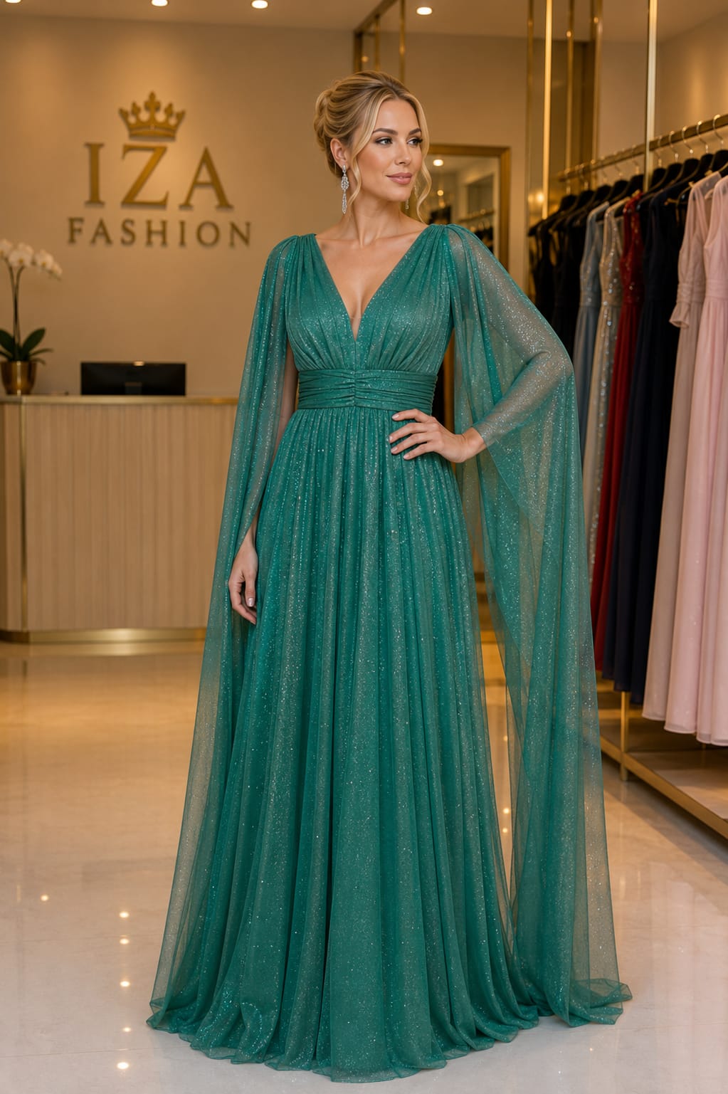 Vestido Longo Verde Esmeralda com Brilho, Manga Capa e Decote V Profundo