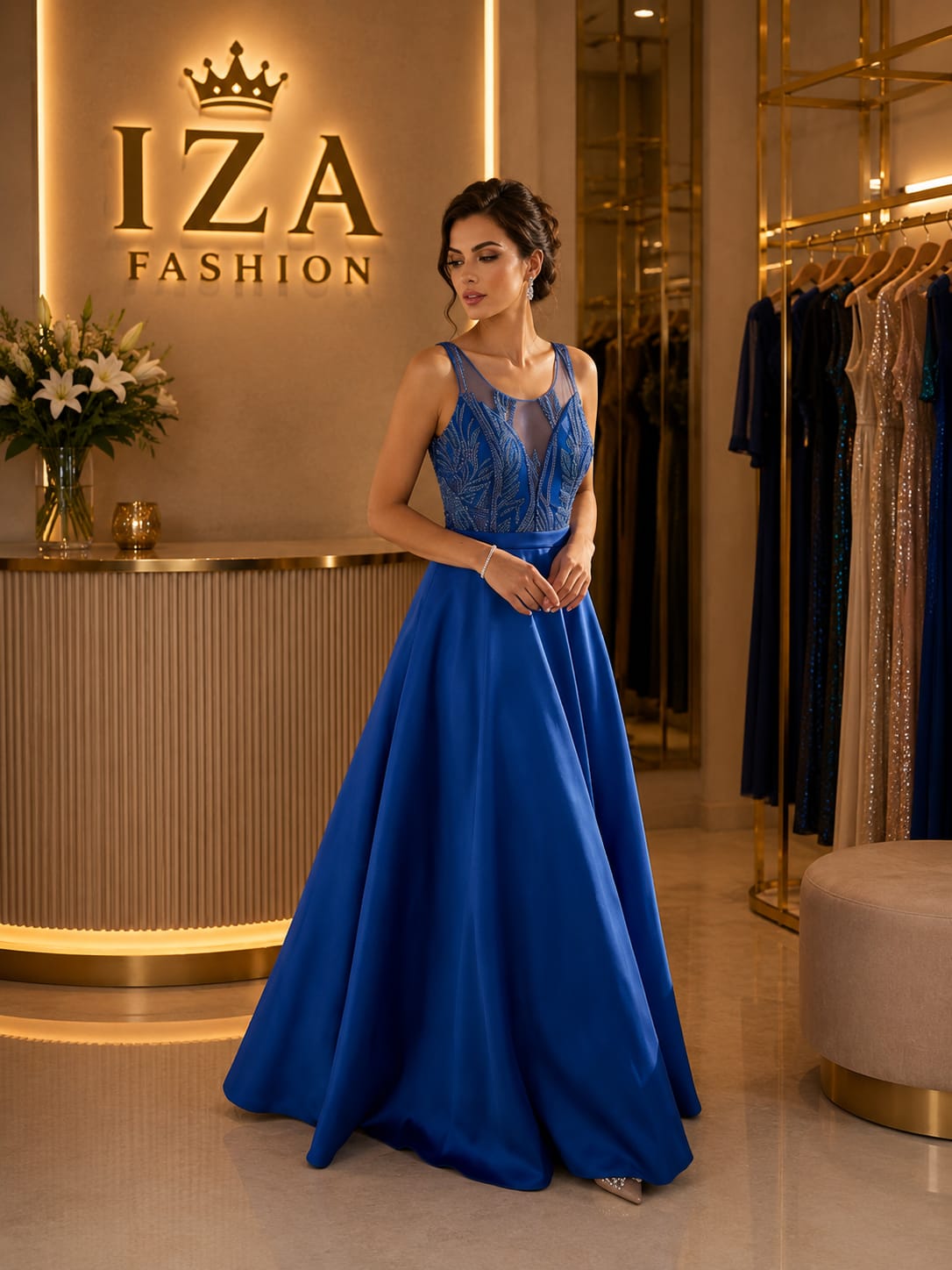 Vestido Longo Azul Royal em Zibeline Bordado