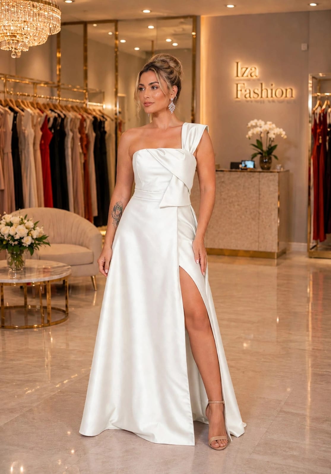 Vestido Longo Branco Perolado Zibeline Laço Fenda