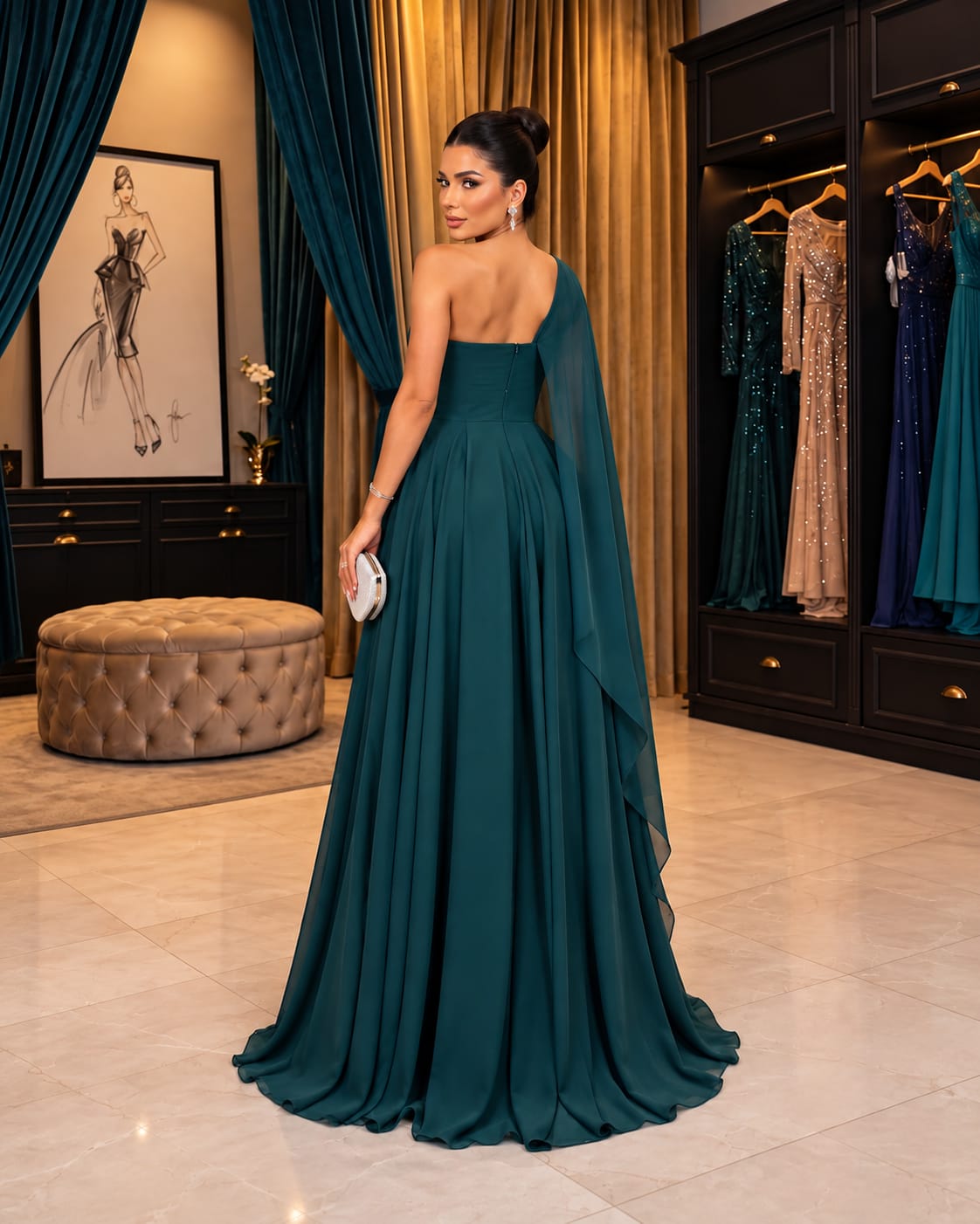 Vestido de Festa Verde Esmeralda/Petróleo Decote um Ombro Só e Flores Aplicadas