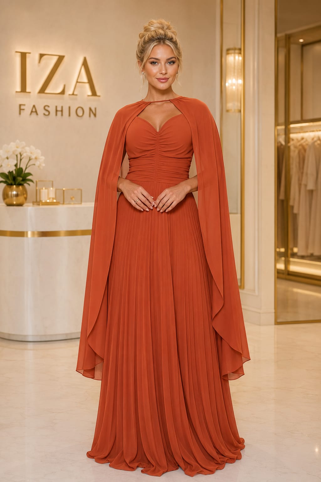 Vestido Longo Terracota Plissado com Capa
