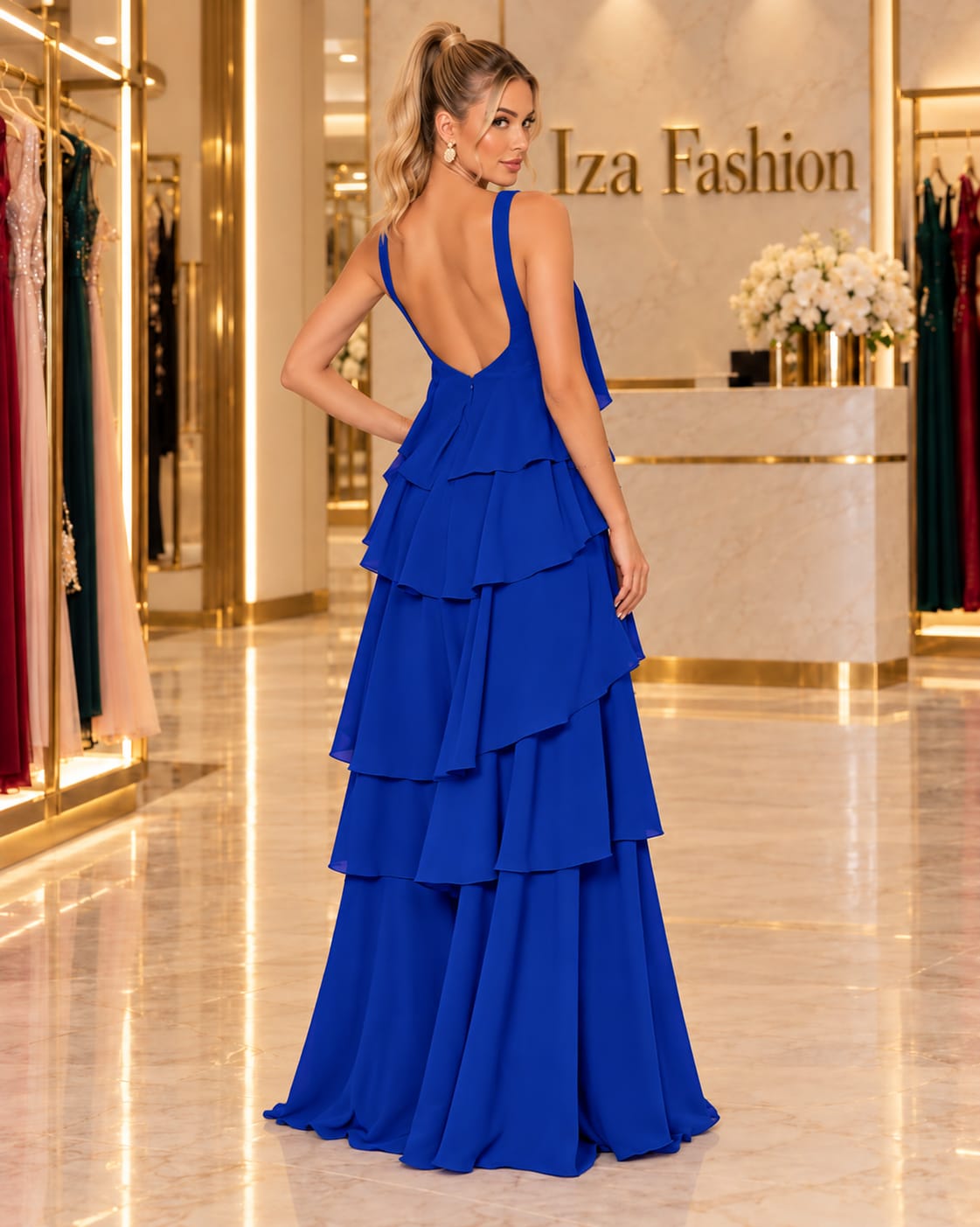 Vestido Longo em Camadas Chiffon Azul Royal