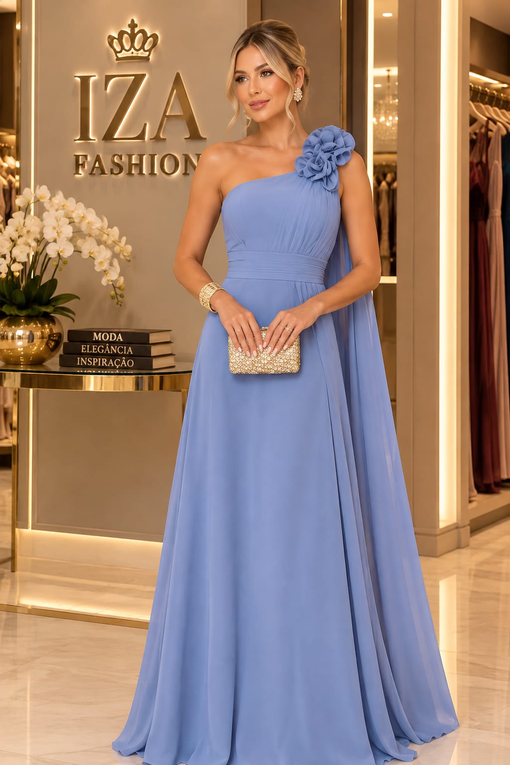 Vestido Longo Azul Serenity um Ombro Só Crepe Chiffon