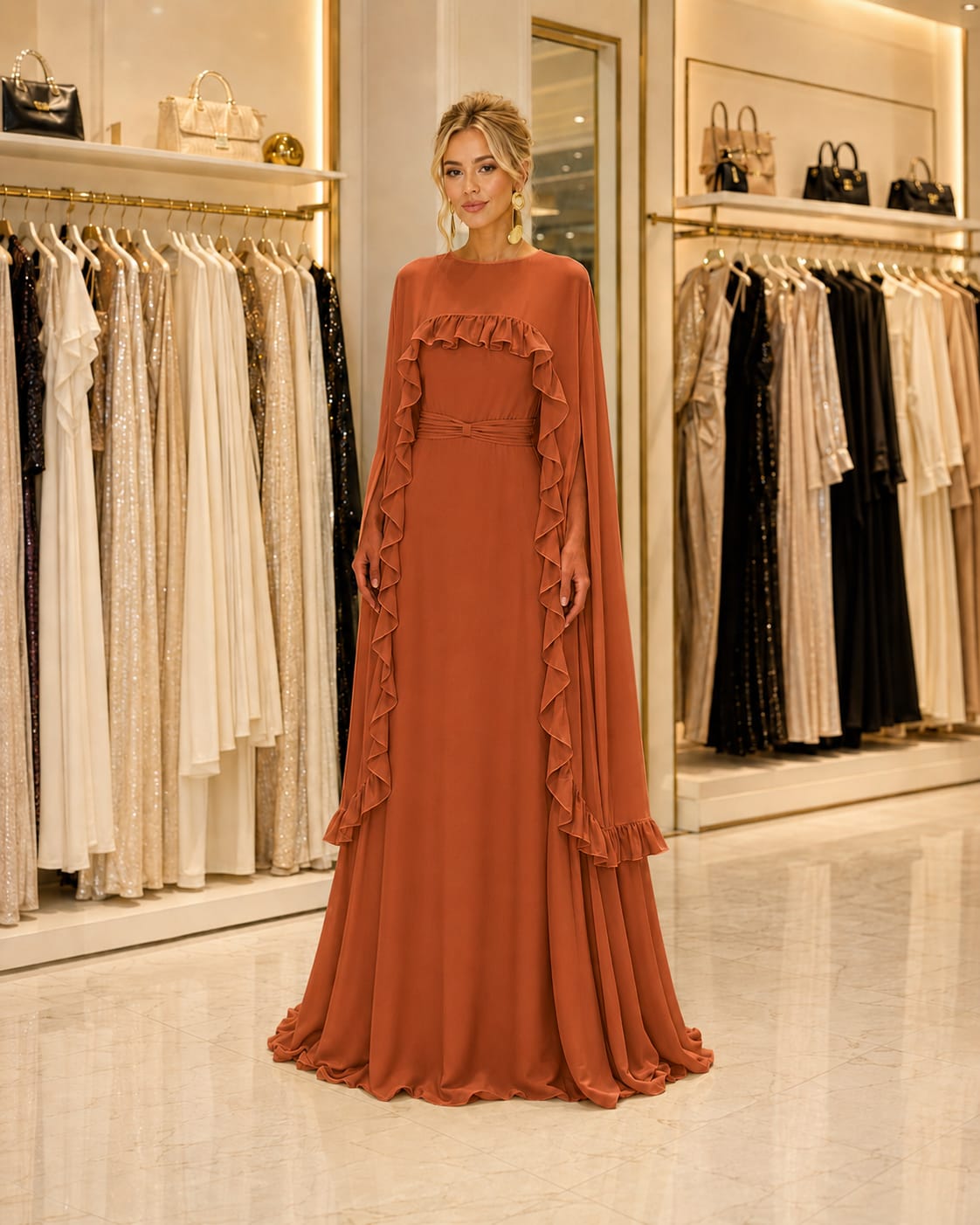 Vestido Longo em Chiffon Terracota com Capa – Elegância Romântica