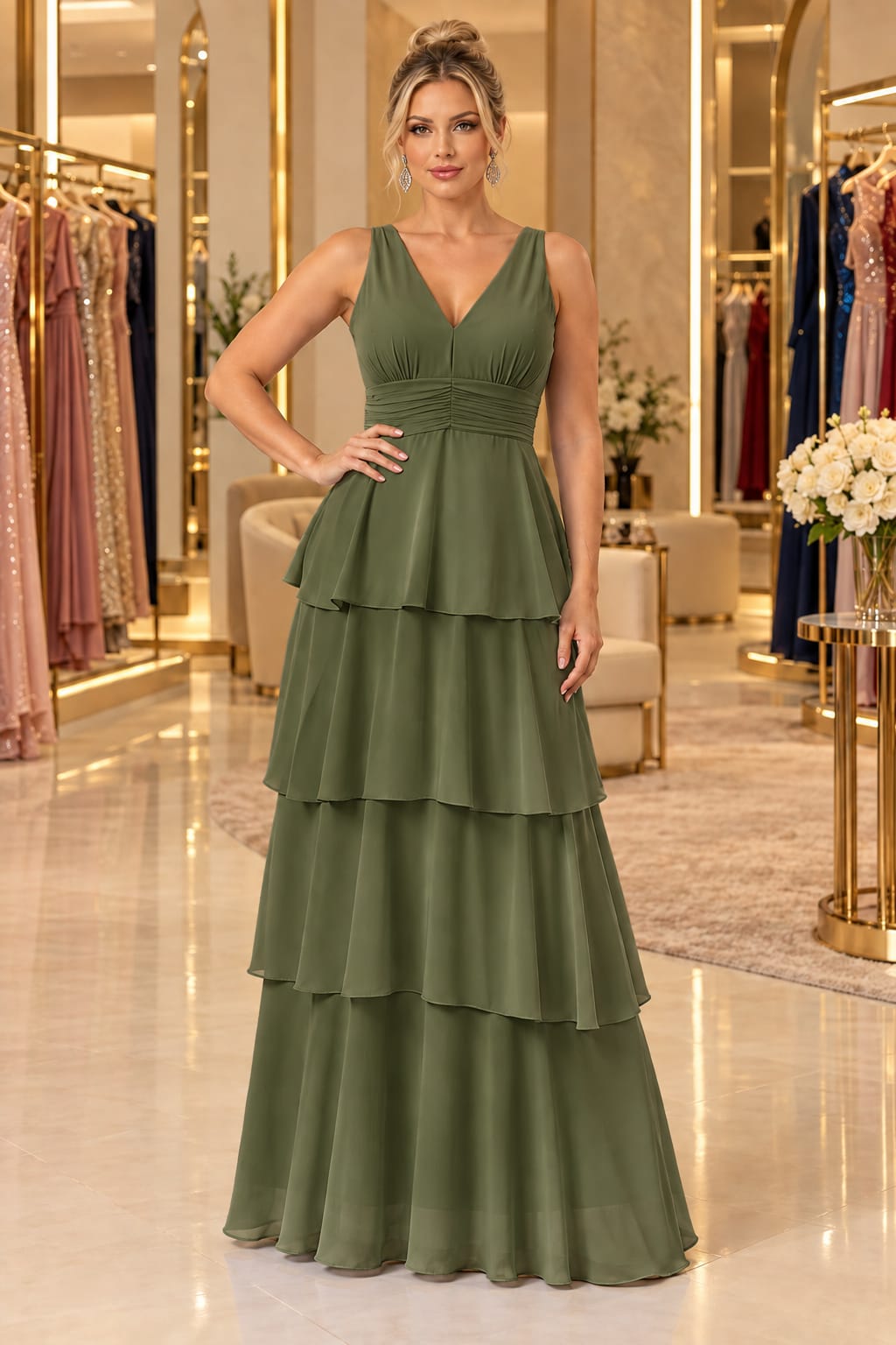 Vestido Longo Verde Oliva Chiffon com Decote V e Babados em Camadas