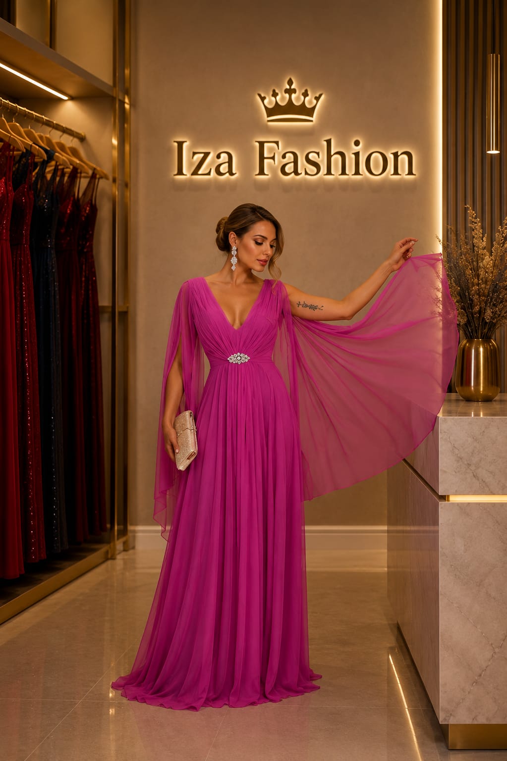 Vestido Longo Tule com Capa Fucsia