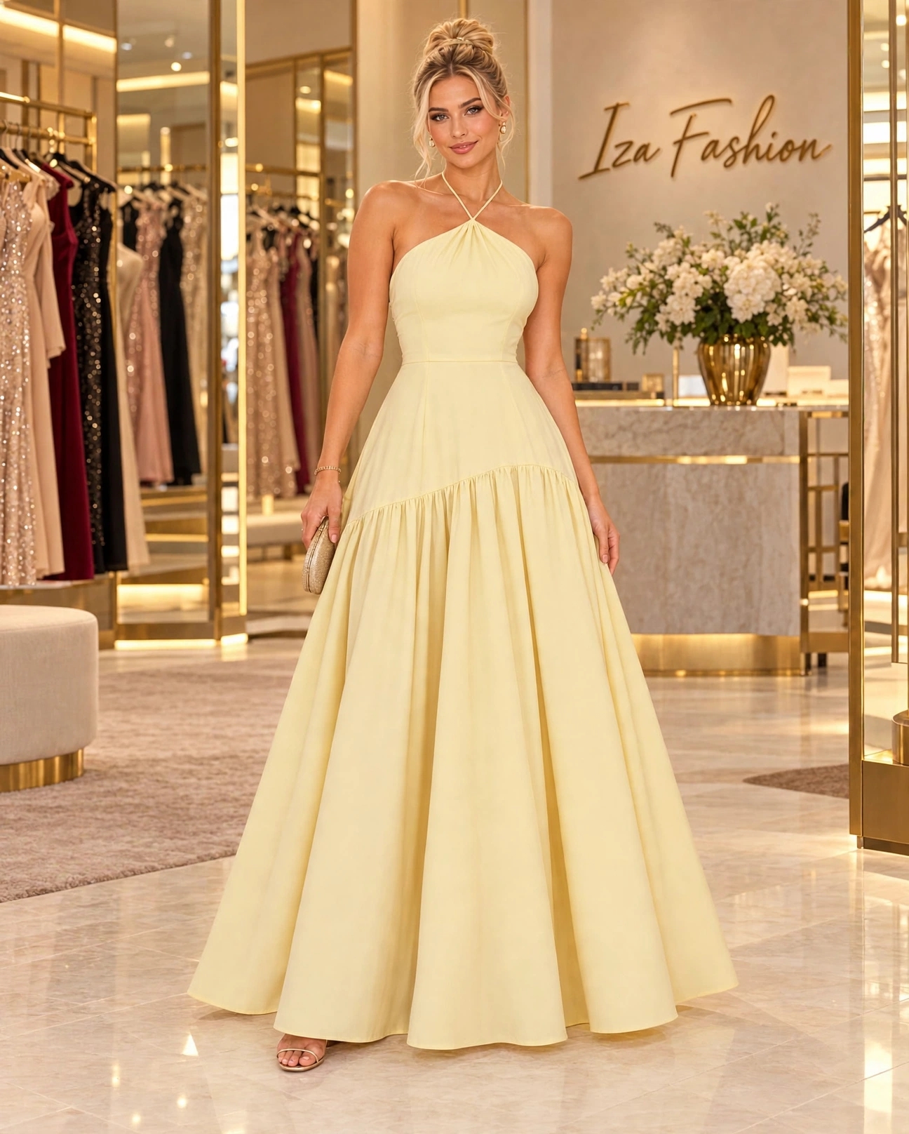 Vestido Longo Amarelo Claro Manteiga Frente Única Halter com Saia Princesa