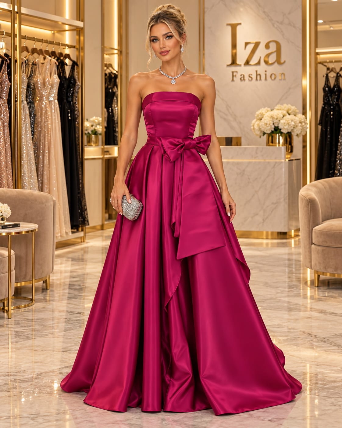 Vestido Longo Princesa em Zibeline Fúcsia com Laço Luxo