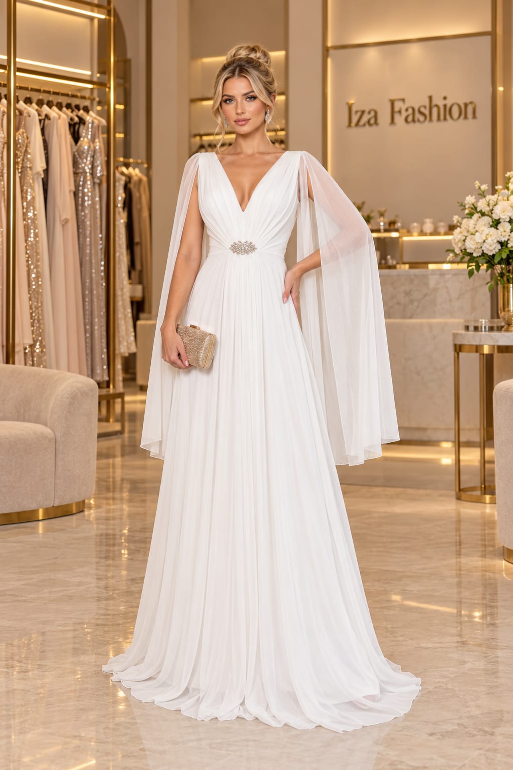 Vestido Longo Branco Deusa com Decote V, Capa Fluida e Broche de Strass