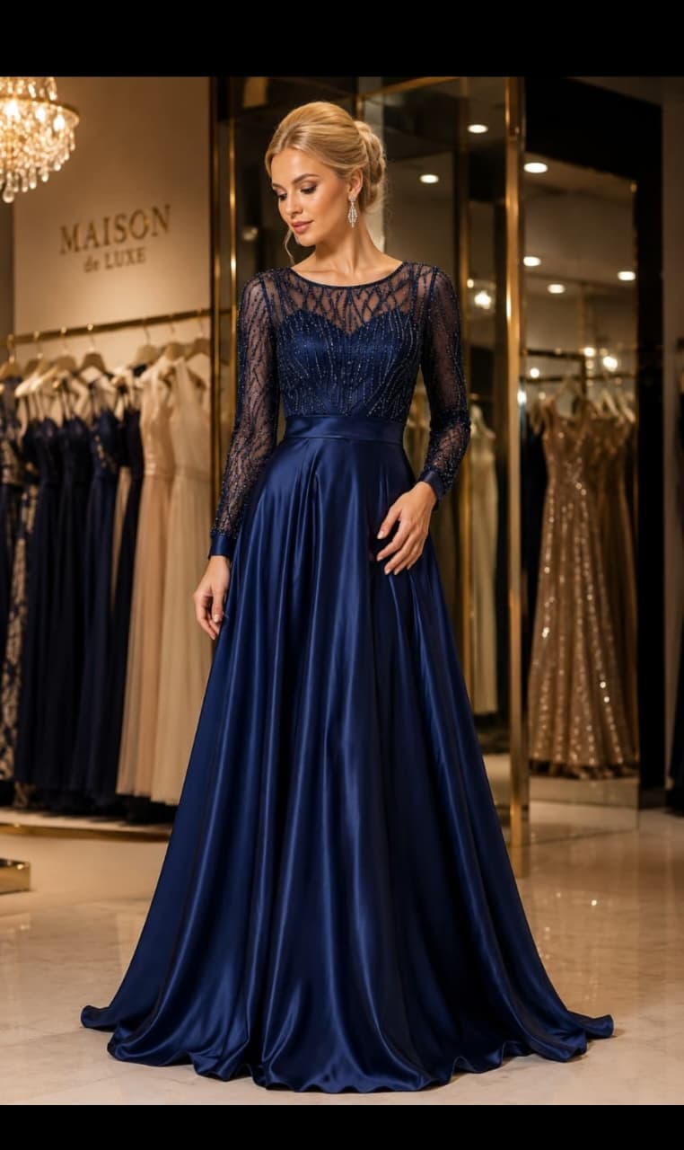 Vestido Zibeline Bordado Manga Longa Azul Marinho