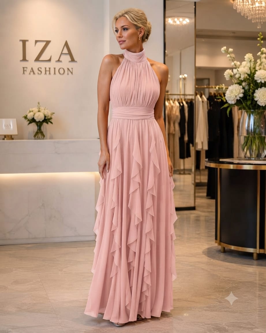Vestido Longo Rosa em Tule com Gola Halter e Babados