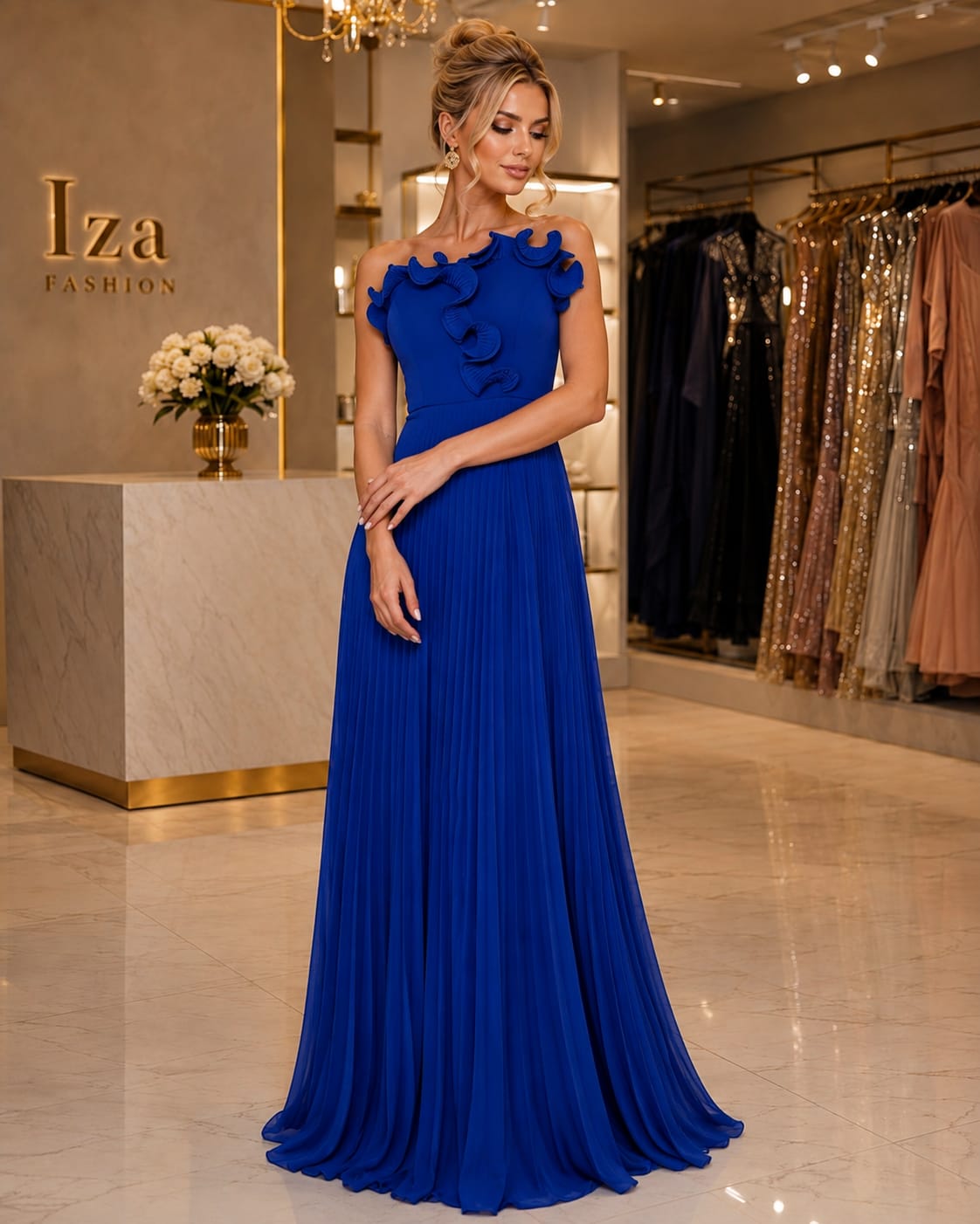 Vestido Longo Chiffon Plissado Tomara que Caia Royal