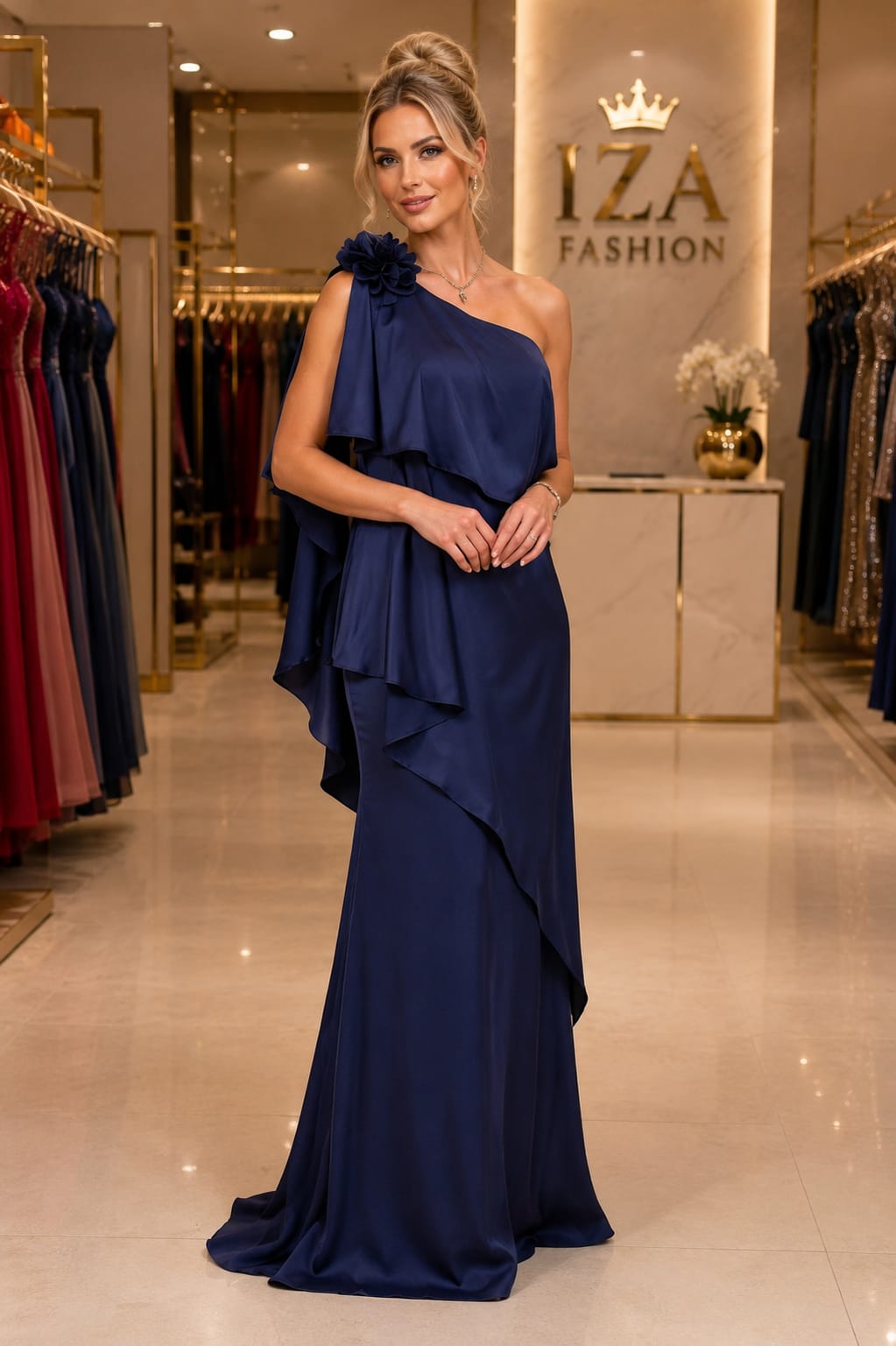 Vestido de Festa Longo Seda Azul Marinho Um Ombro Só Babados Flor