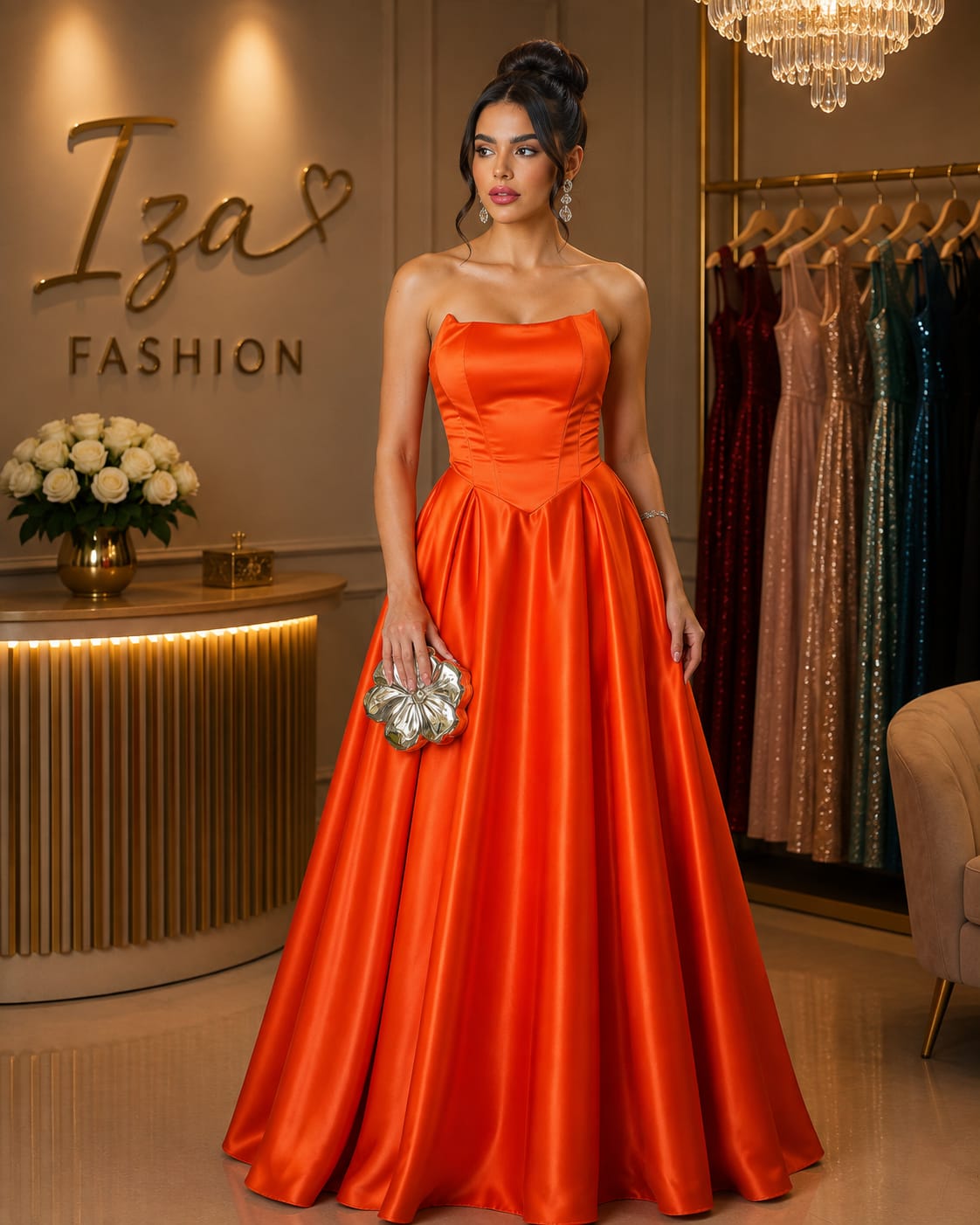 Vestido de Festa Longo Tomara que Caia em Cetim Laranja