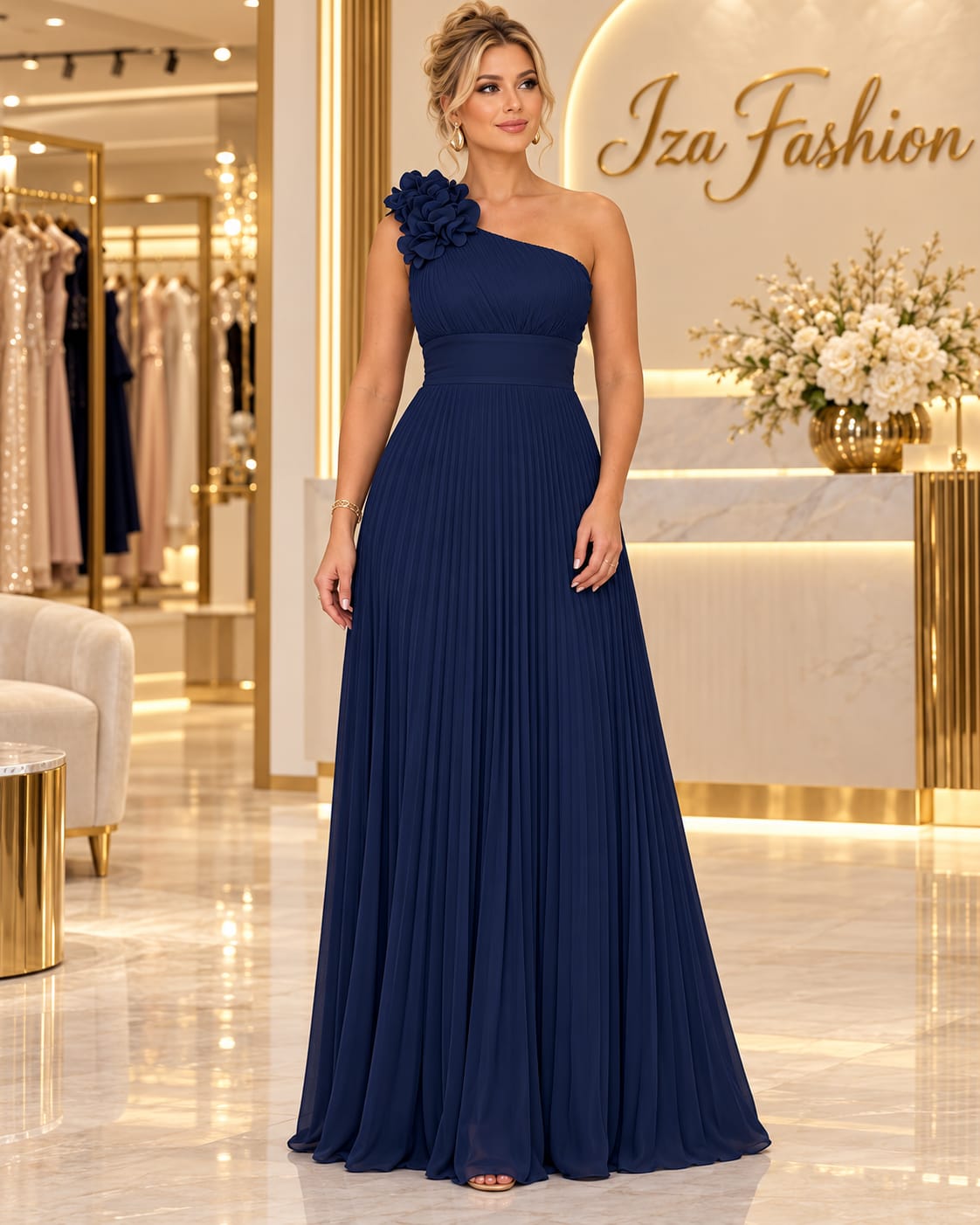 Vestido Longo Azul Marinho Plissado Um Ombro Só com Flor 3D
