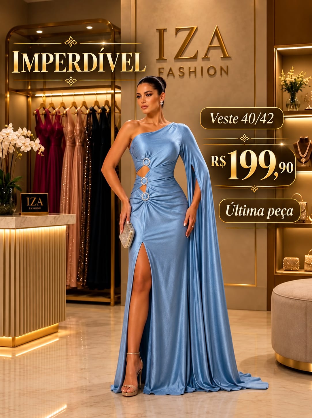 Vestido Longo Azul Serenity One Shoulder com Capa, Cutouts e Fenda - Última Peça